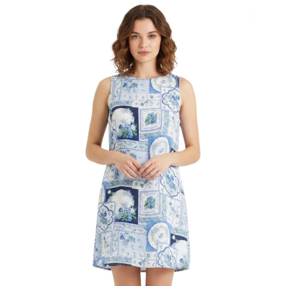 New ABERCROMBIE/FITCH Blue Floral Chiffon TRAPEZE MINI DRESS Open Back w Tie XS